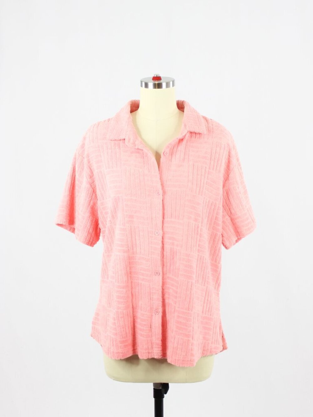 VINTAGE HAVANA Pink Cotton Blend Terry Jacquard Short Sleeve Shirt, Size M